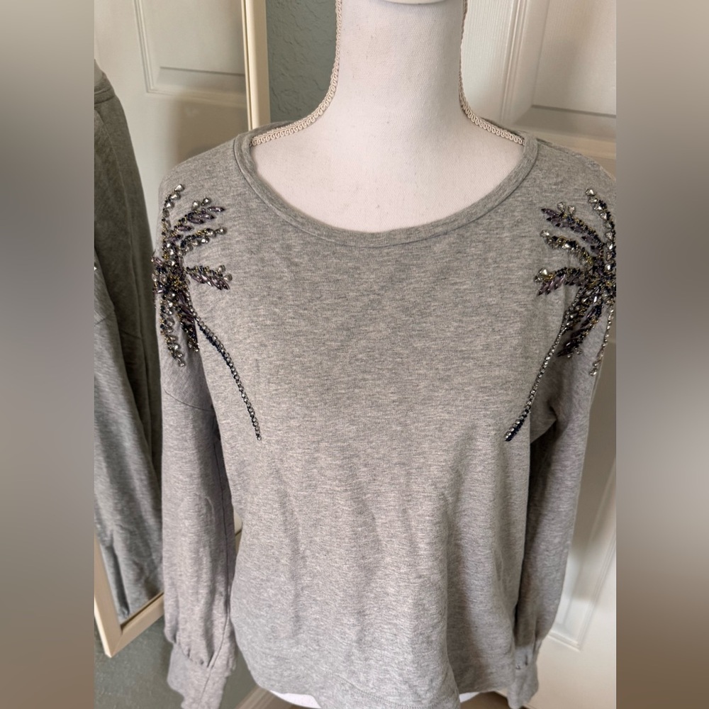 Lilly Pulitzer Tippie Pullover Sweatshirt Beaded Palm Trees Gray Women’s Medium